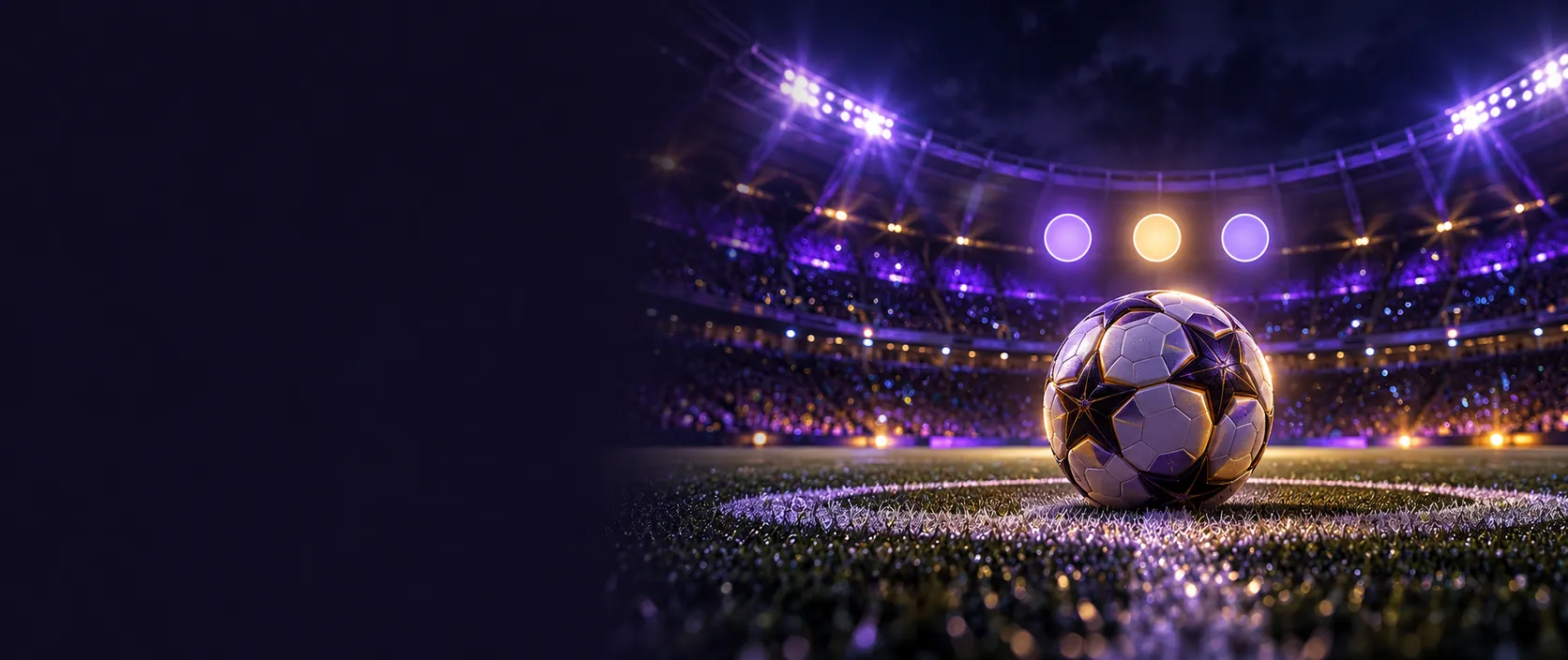 Pelota de fútbol en el centro de la cancha de un estadio europeo iluminado de noche